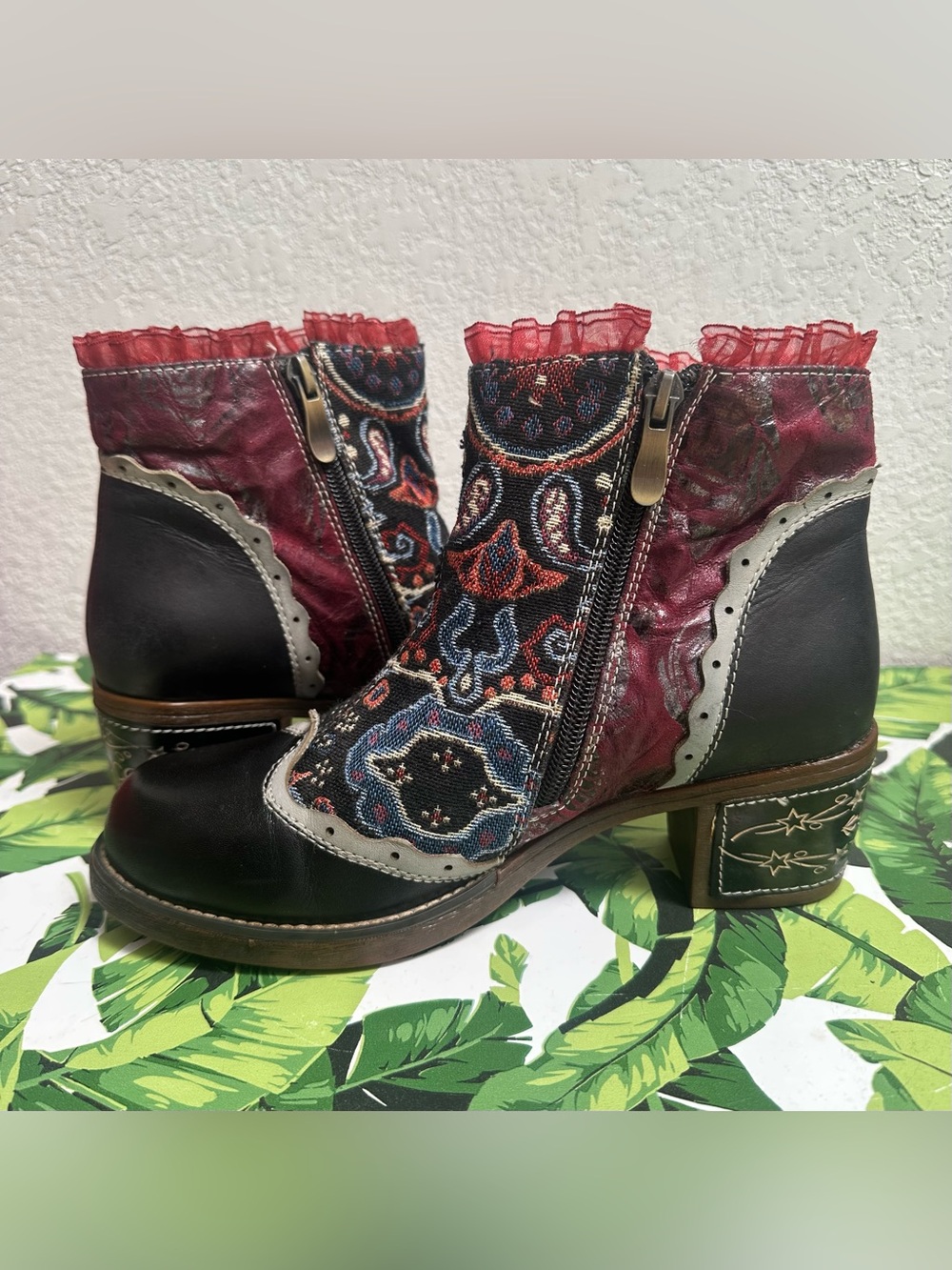 Socofy Embroidered Paisley Ankle Boots